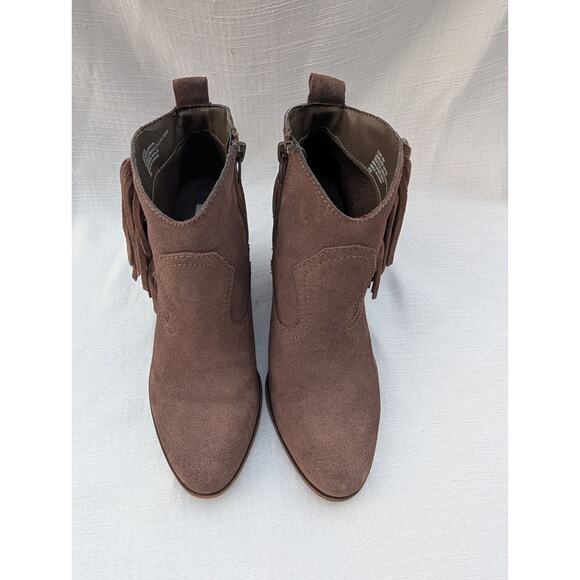Steve Madden Womens Cian Ankle Bootie Sz 8 Taupe Suede Fringe Block Heel Western - Picture 3 of 7